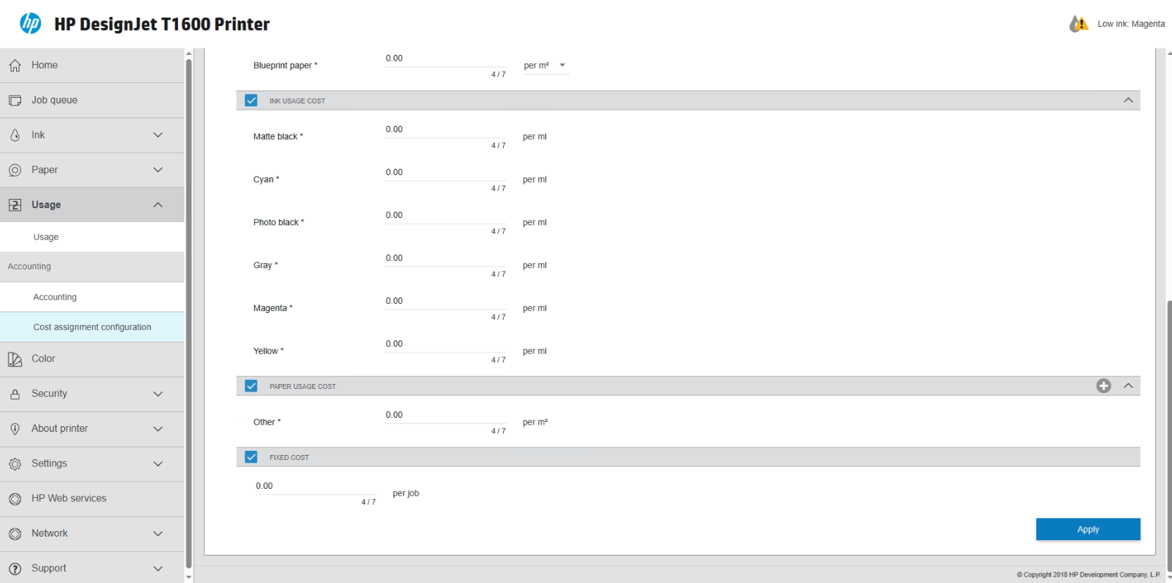 Ink Cost Configuration