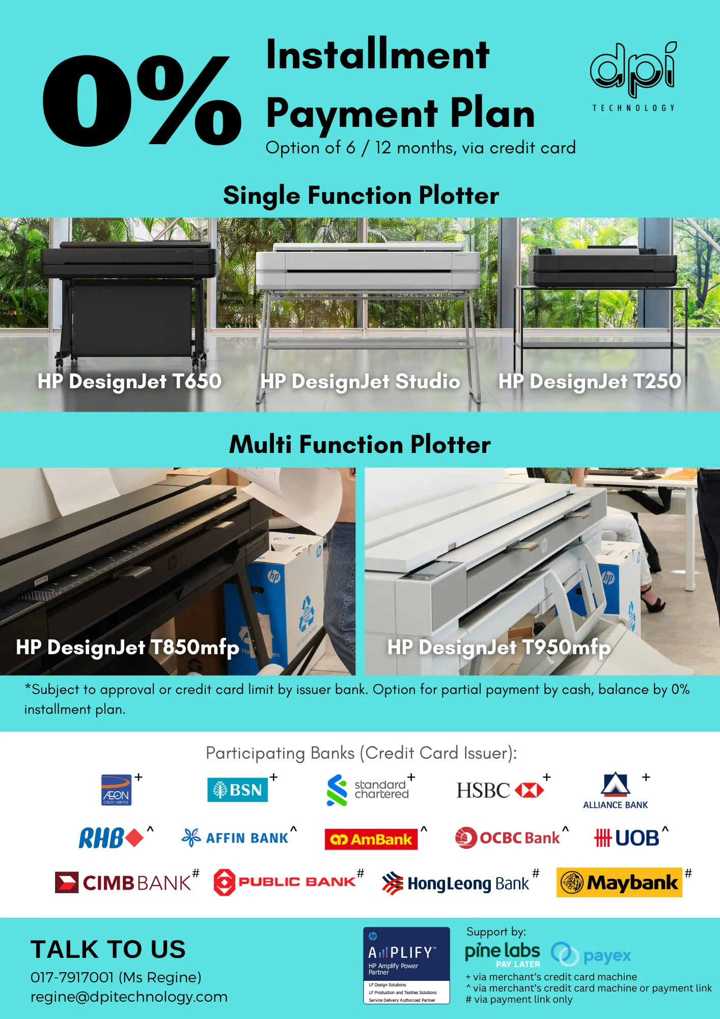 Promotional banner showing 0% Installment Payment Plan for HP DesignJet T650, Studio, T250, T850mfp, and T950mfp with list of participating banks.
