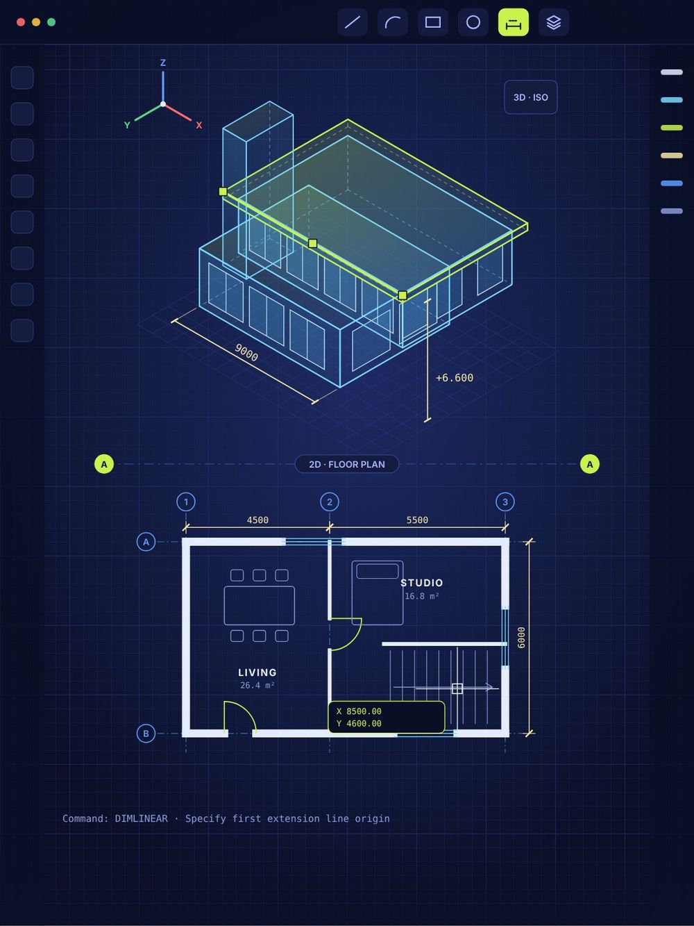 Illustration of CAD software with a 3D wireframe building model above a 2D floor plan with dimension lines