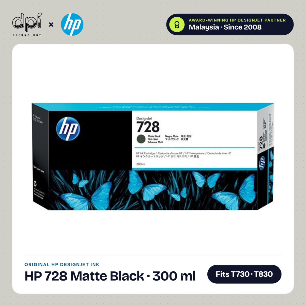 HP 728 DesignJet matte black ink cartridge, 300 ml