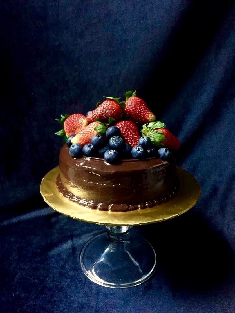 Valrhona Chocolate Cake With Strawberries Blueberries Swich Cafe