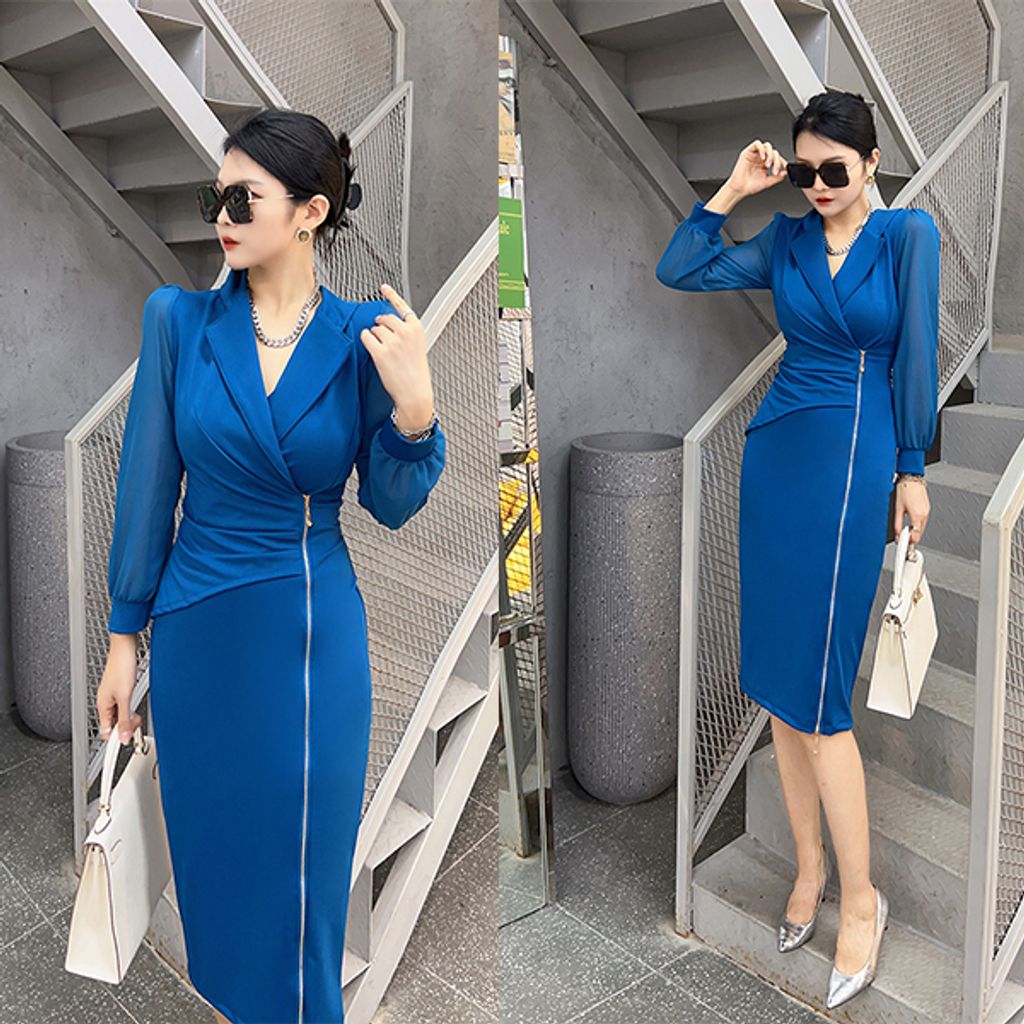 Elegant Pleated V-neck Dress-blue color dress