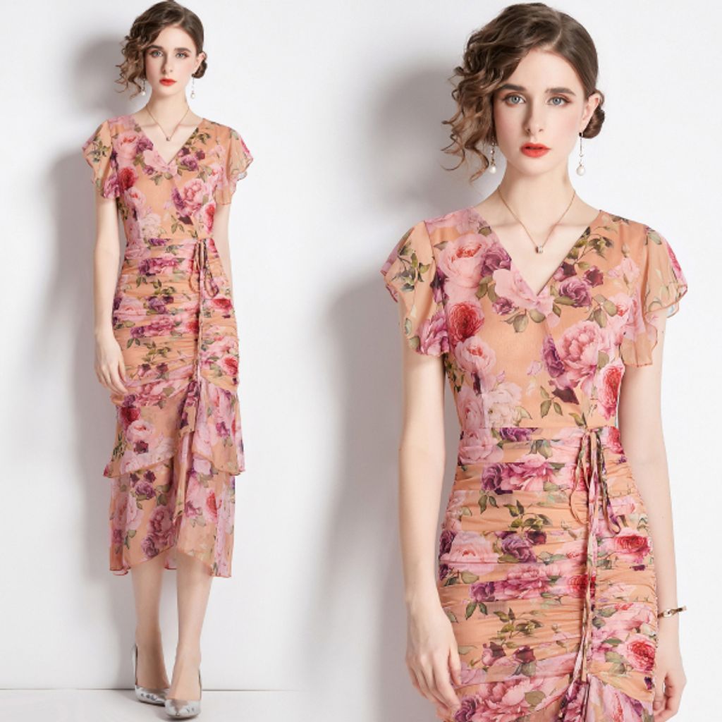 V-neck Flower Slim Drawstring Dress