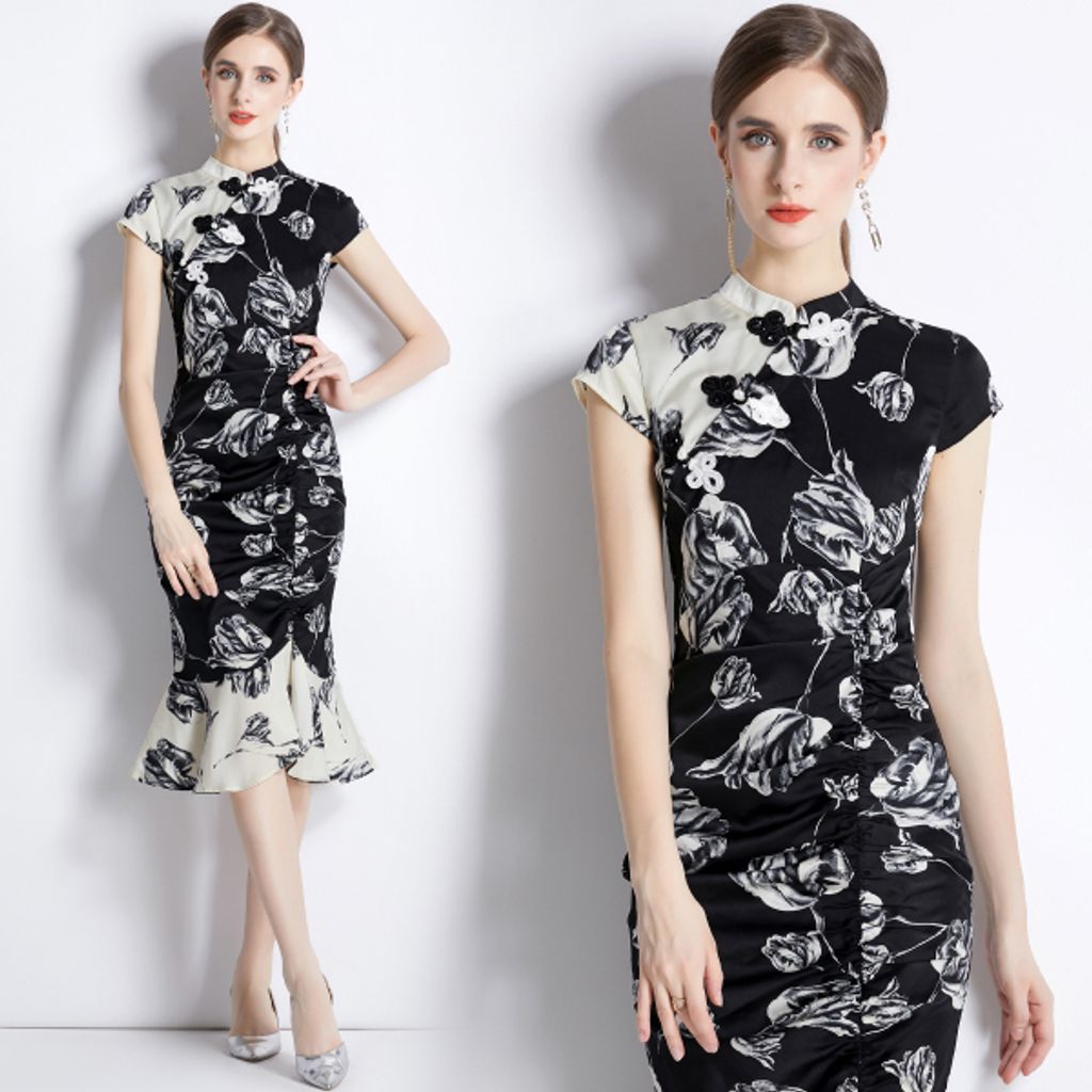 Retro Black Fishtail Cheongsam Dress