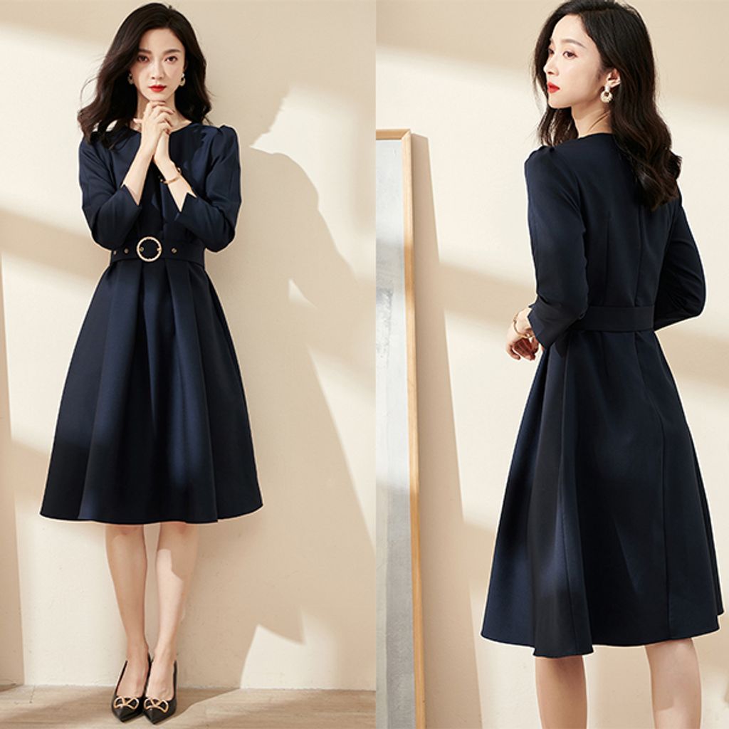 A-line Three-quarter Sleeve Dress-Dark blue color dress