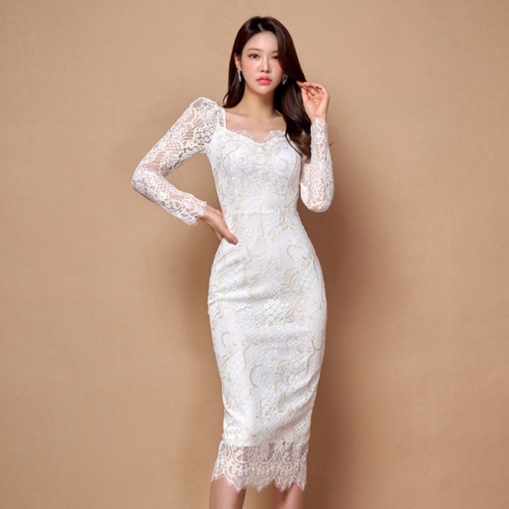 White Square Collar Lace Slim Dress