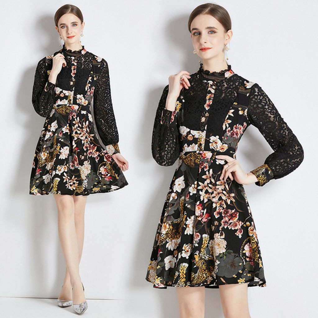 Black Flower Long-sleeved Lace Stitching Mini Dress