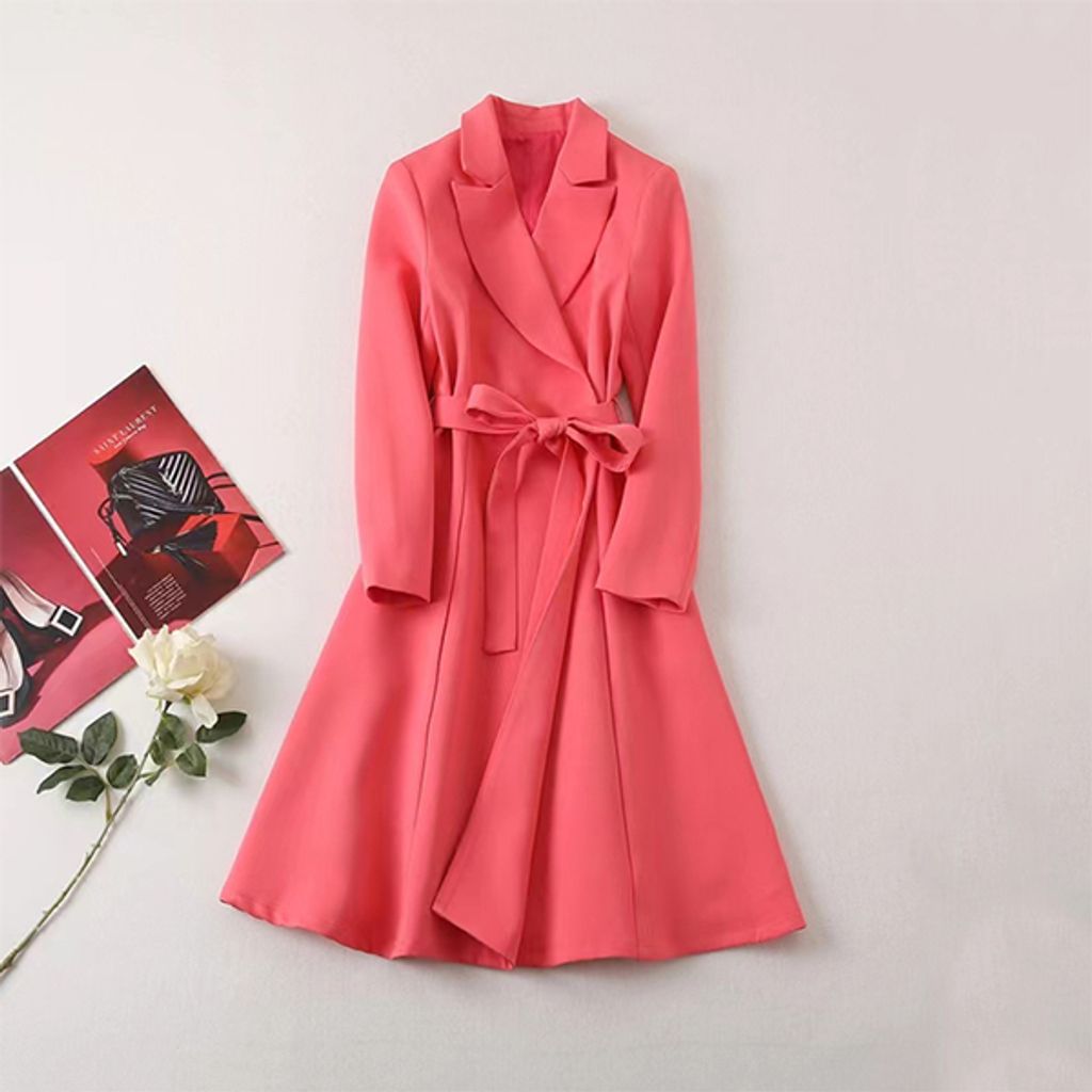 Pink Lapel Waist Wide Swing Suit Dress