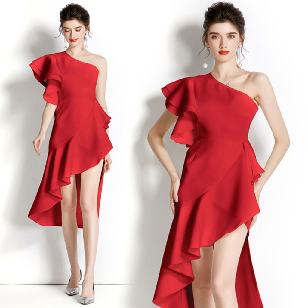 Red High-end Three-dimensional Ruffled One-Shoulder Irregular Length Evening Dress