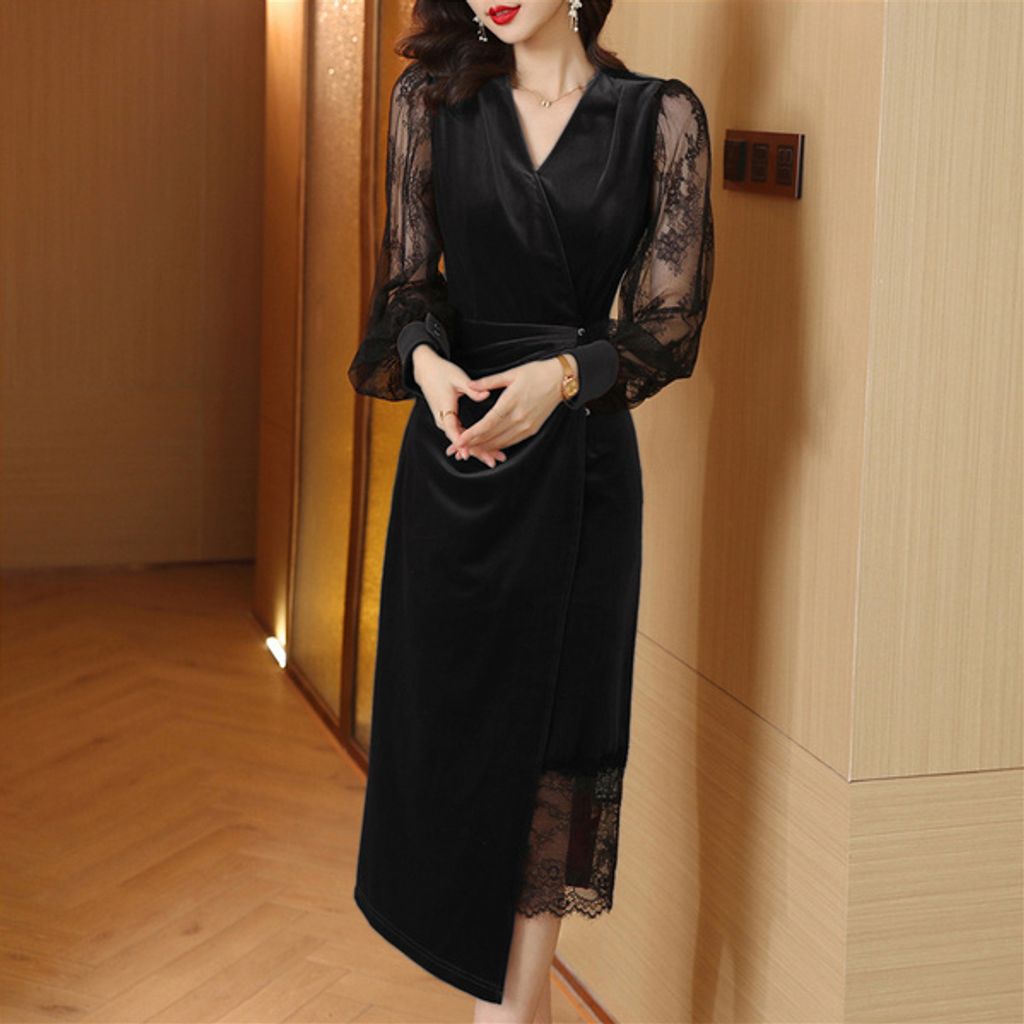 V-neck Lantern Sleeve Velvet Dress-black velvet dress