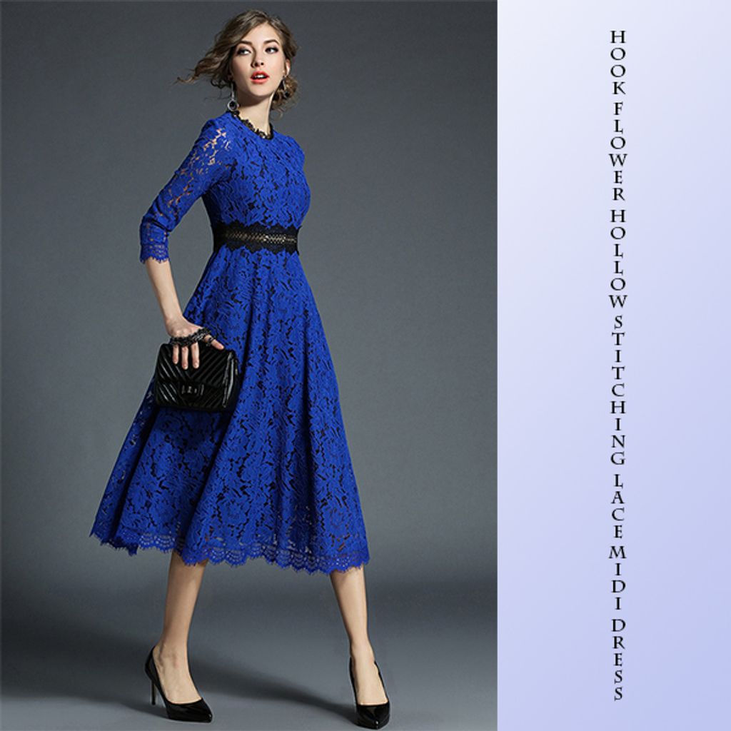 Hook Flower Hollow Stitching Lace Midi Dress-BLUE COLOR LACE MIDI DRESS