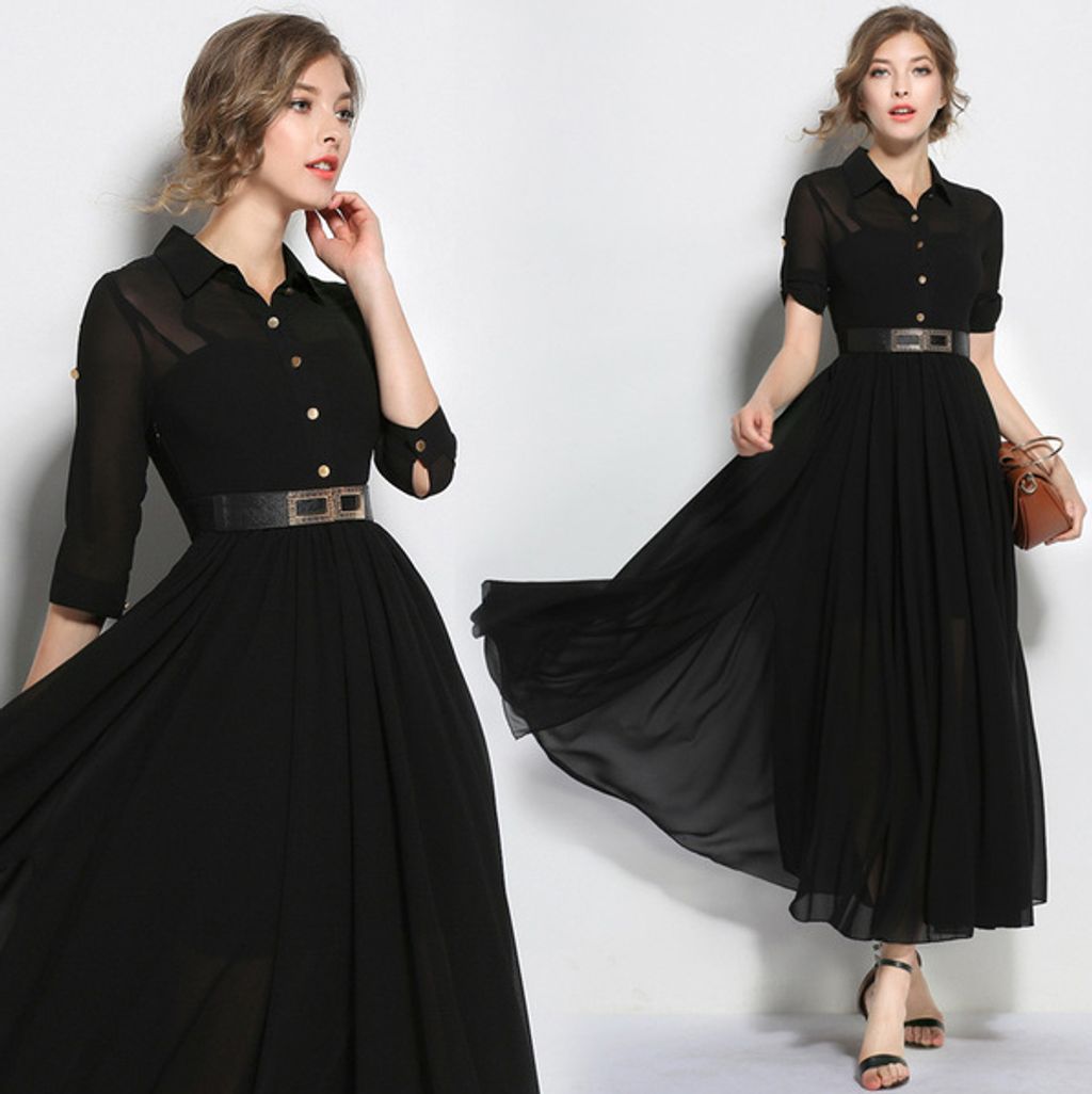 Black Large Swing Chiffon Maxi Evening Dress