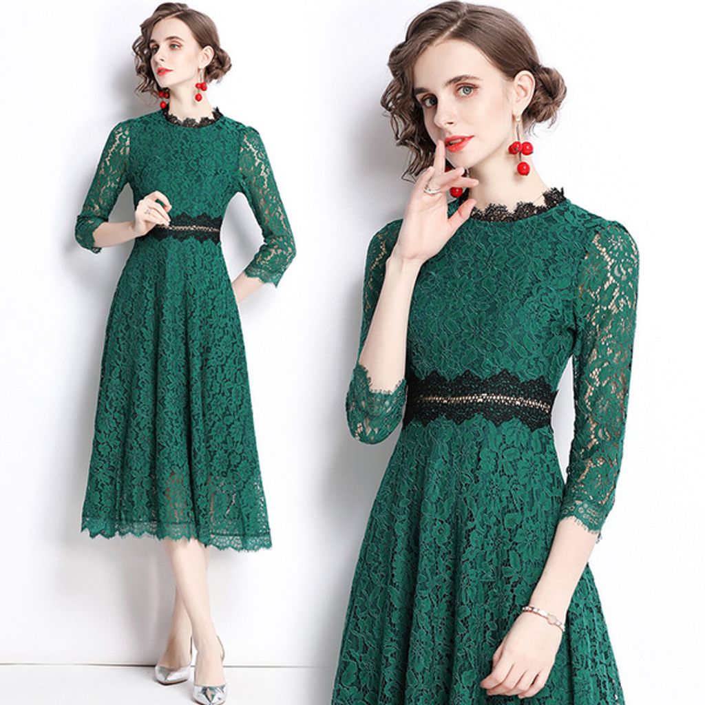 Green Lace Embroidered A-line Dress