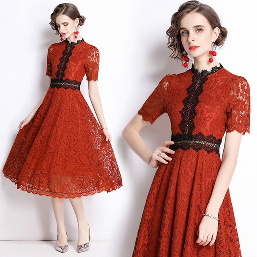 Brown Embroidered A-line Lace Dress