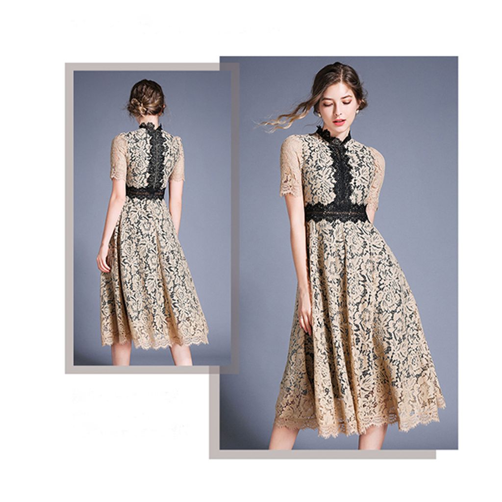 Short Sleeve Lace Embroidered Dress A-line-Khaki color lace dress