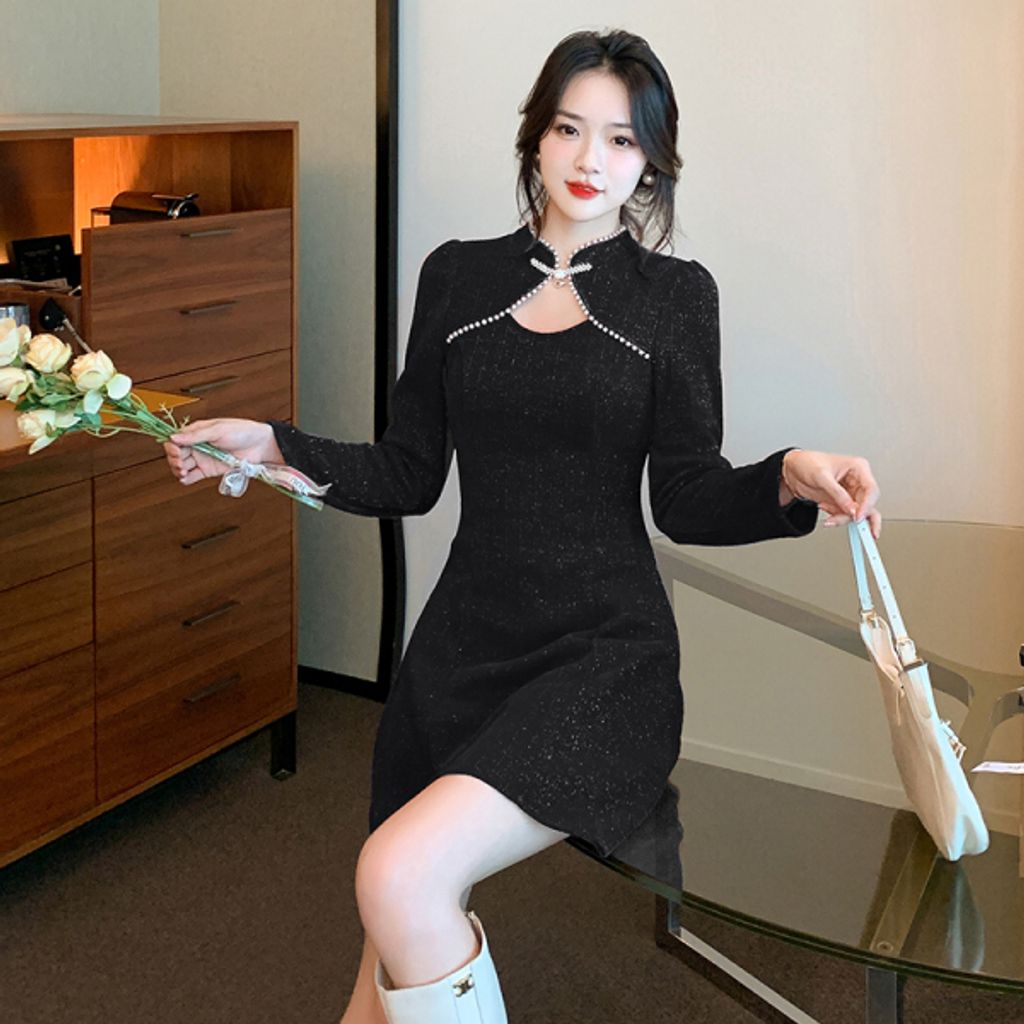 Pearl Stitching Cheongsam Mini Dress-Black color cheongsam mini dress