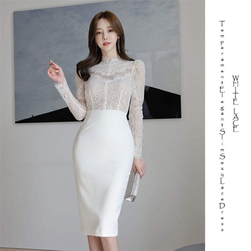 Temperament Elegant Slim Sexy Lace Dress-White color lace dress