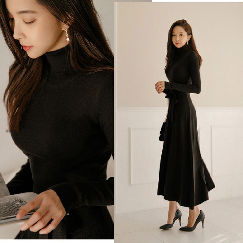 High-neck Knitted Dress-BLACK COLOR KNITTED DRESS
