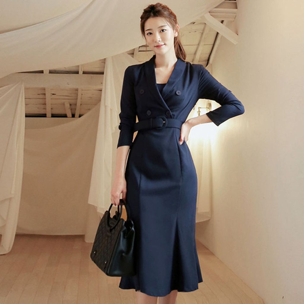 Suit Collar Double-breasted Fishtail Dress-NAVY BLUE OFFICE WEAR DRESS