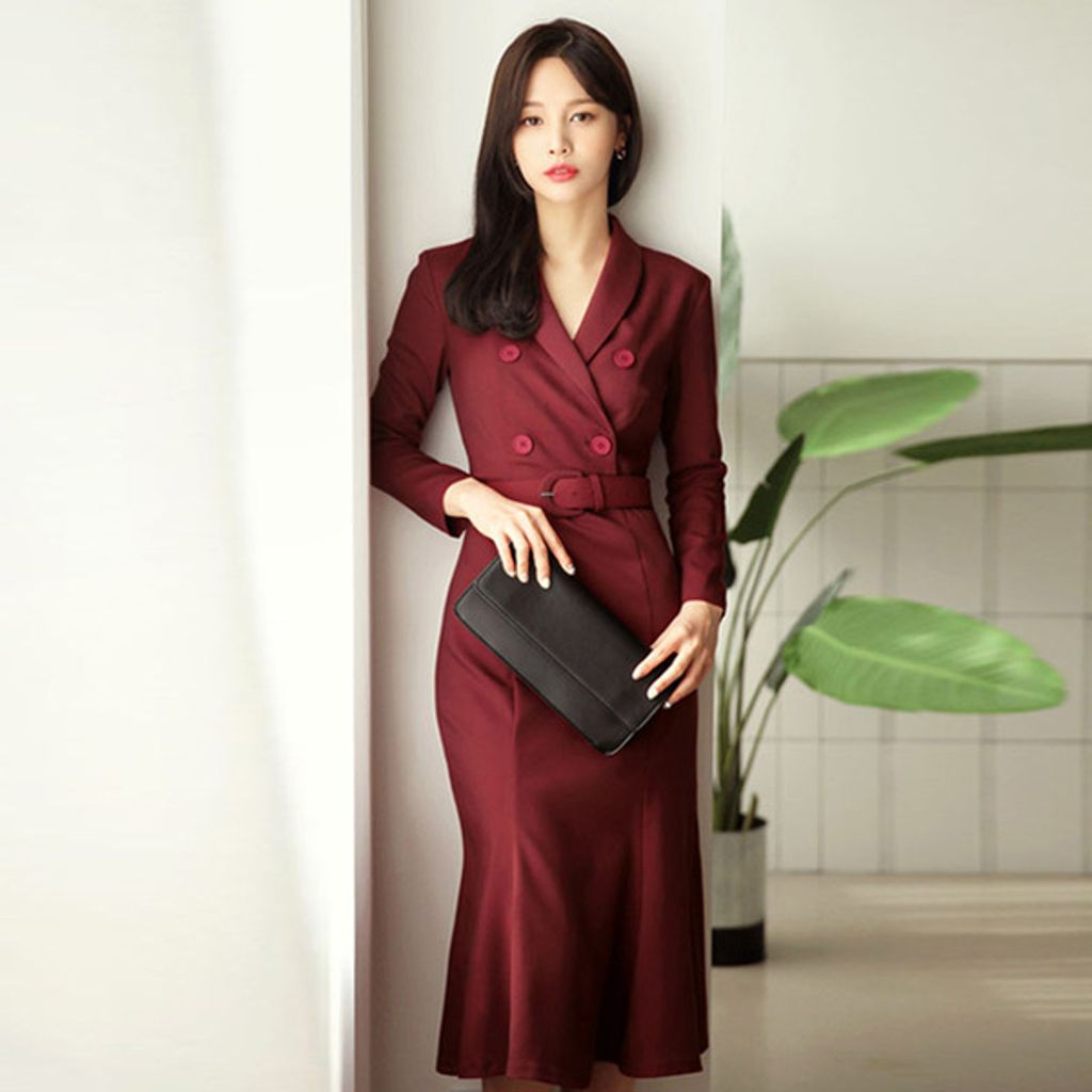 Suit Collar Double-breasted Fishtail Dress-WINE RED COLOR OFFICE WEAR DRESS