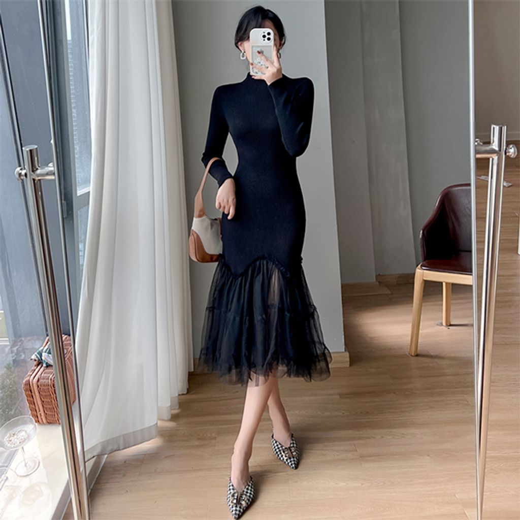 Black Knitted Fishtail Double-layer Mesh Puffy Dress