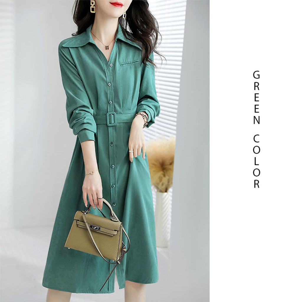 Green Suit Collar Long-sleeved Dress