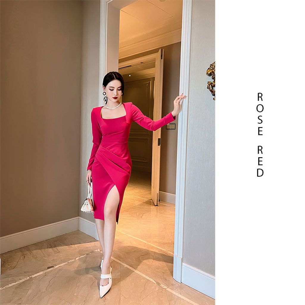 Square Collar Long-sleeved Hepburn Pleated Slim Dress-Rose red color dress