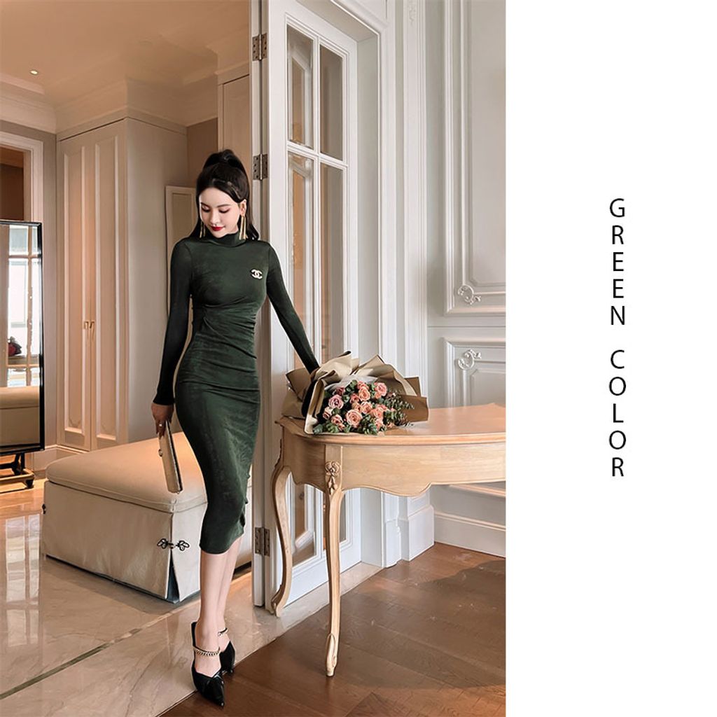 Waist Pleated Long-sleeve Slim Dress-Green color dress