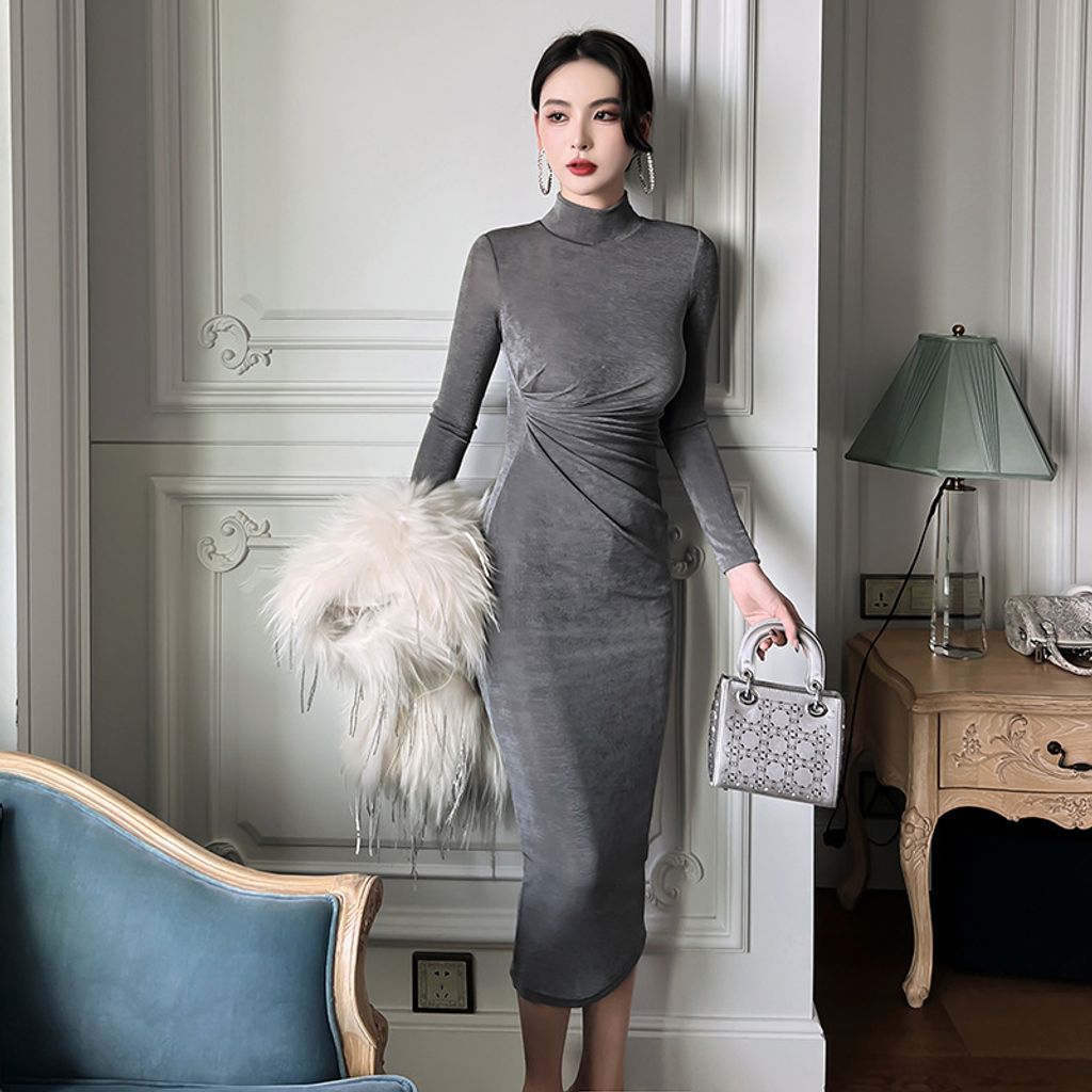 Waist Pleated Long-sleeve Slim Dress-Grey color dress