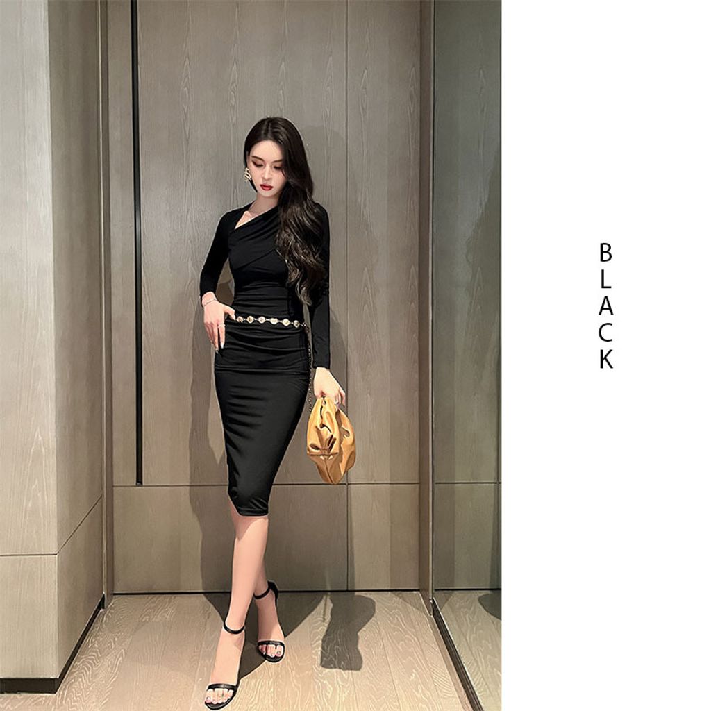 Long-sleeved Slanted Shoulders Slim Dress-Black color dress
