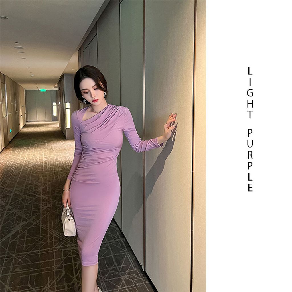 Long-sleeved Slanted Shoulders Slim Dress-Light purple slim dress
