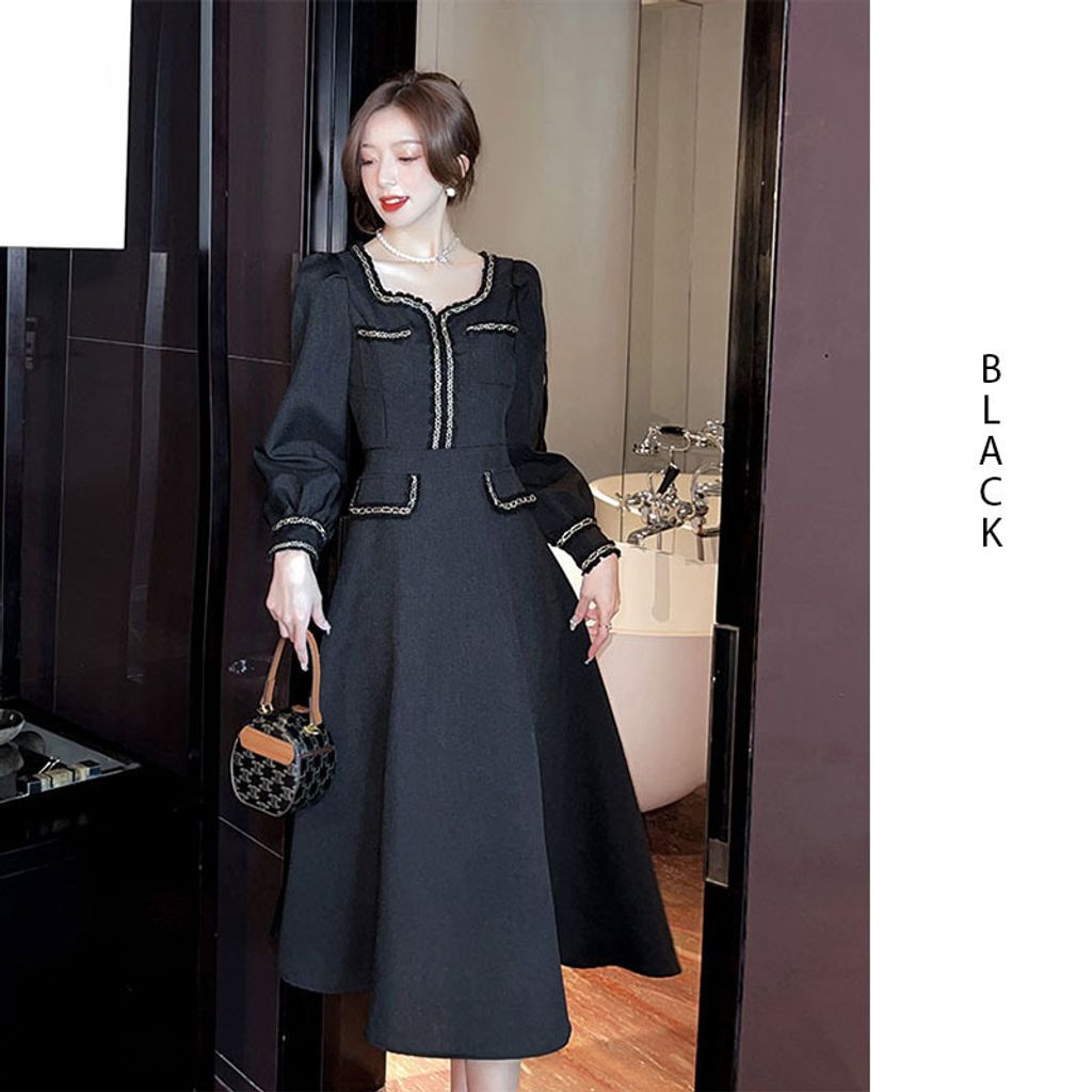 Black Retro Square Collar Hepburn Mid-length Dress