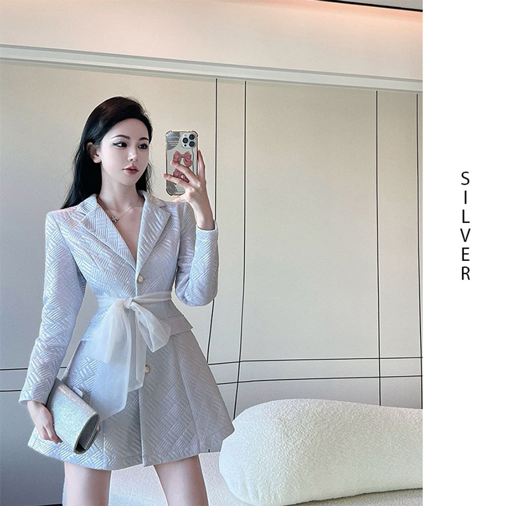 Silver Back Exposed Hollow Waist Strap Lapel Long-sleeved Suit Dress
