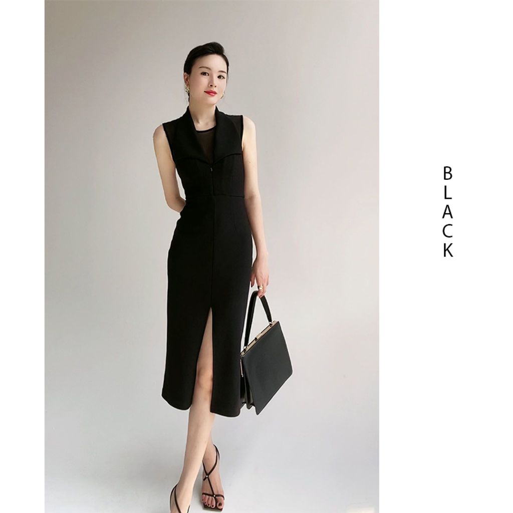 Black Elegant V-neck Lapel Waist Mesh Sleeveless Dress