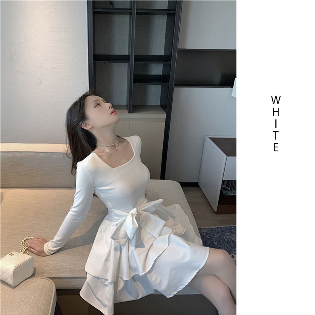 Square Neck Layered Mini Dress-White color mini dress
