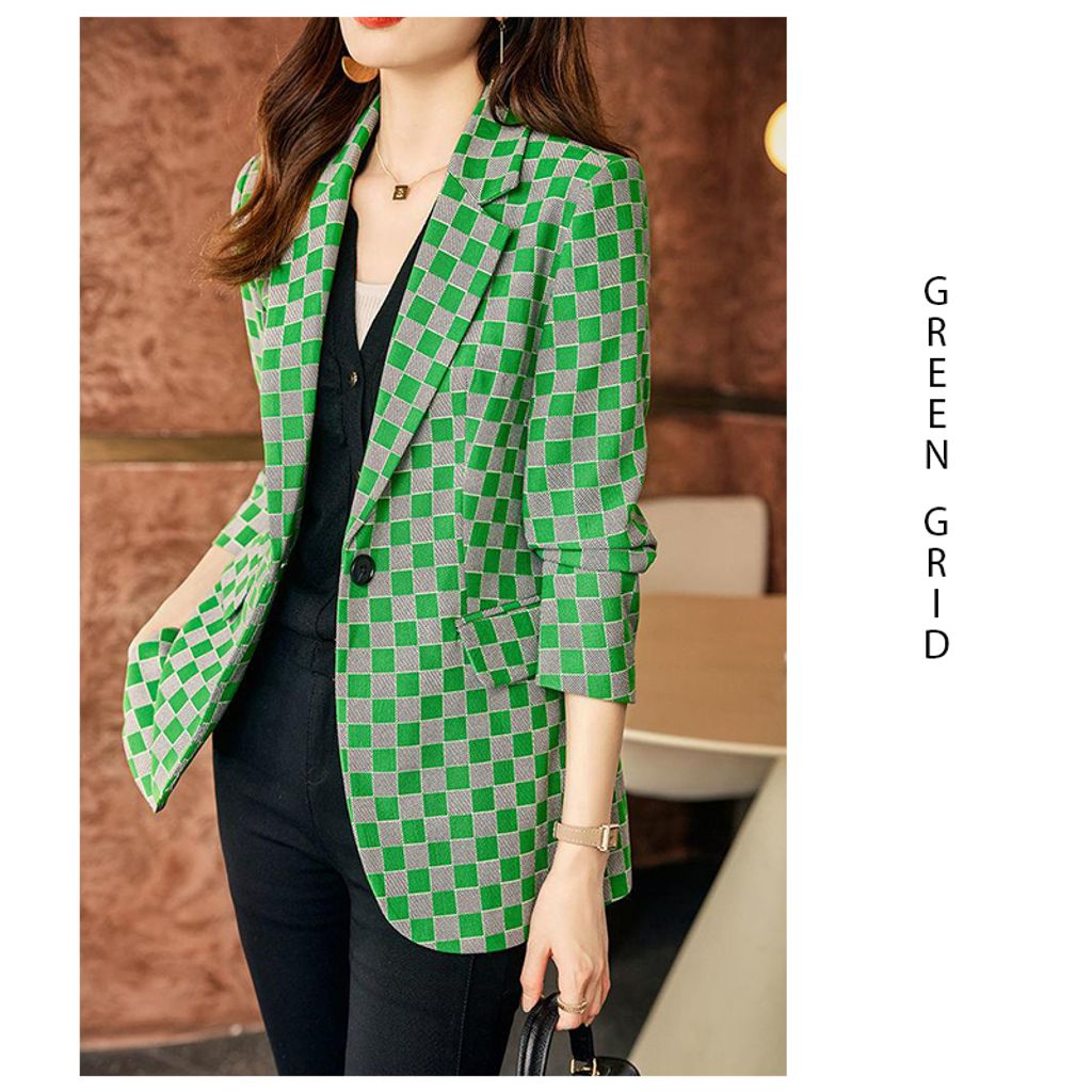 Plaid Suit Women's Casual Jacket-Green color womens jacket