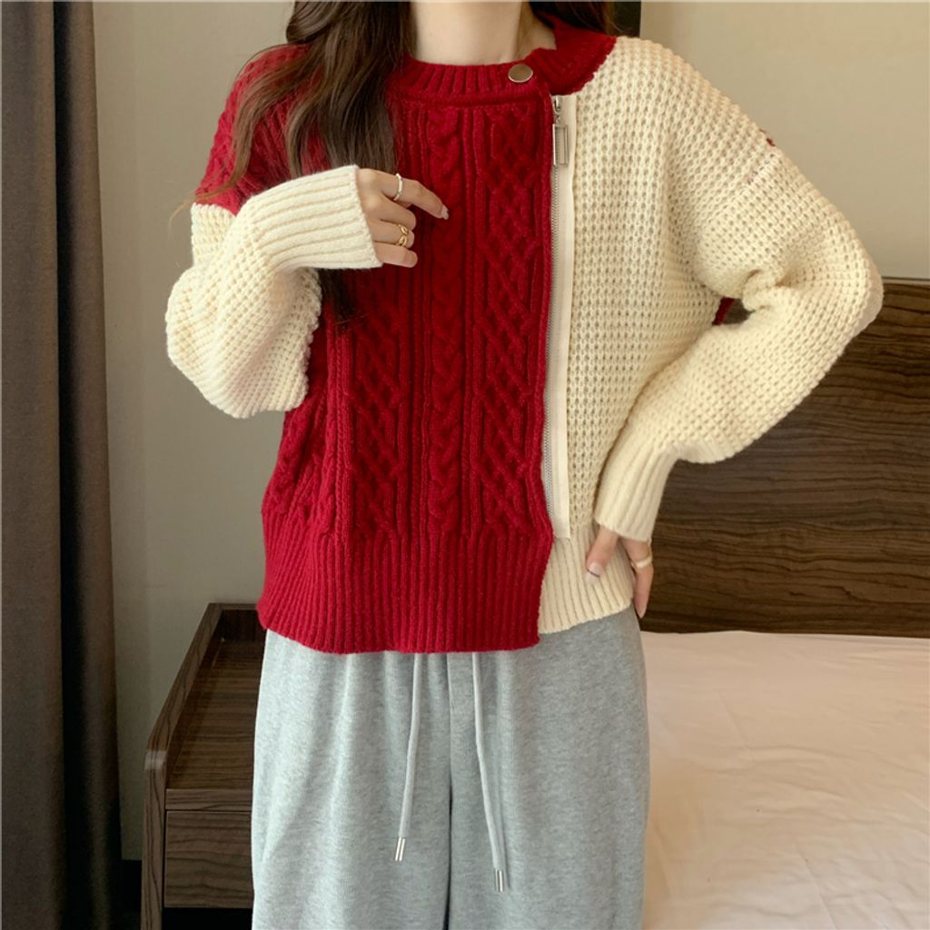 Round Neck Zipper Irregular Splicing Sweater-Red color womens sweater