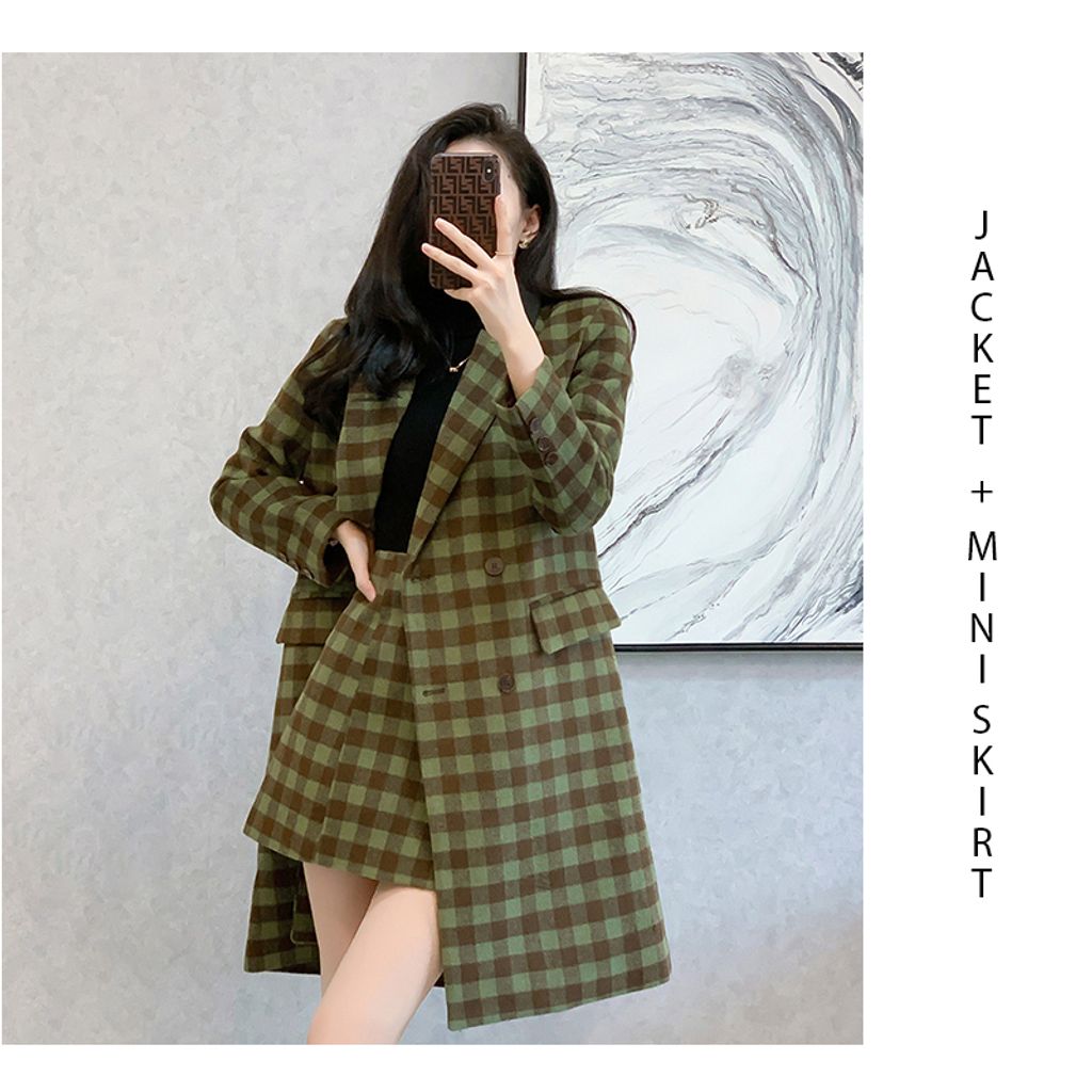 Green Plaid Long Casual Jacket + Mini Skirt Two Pieces Set