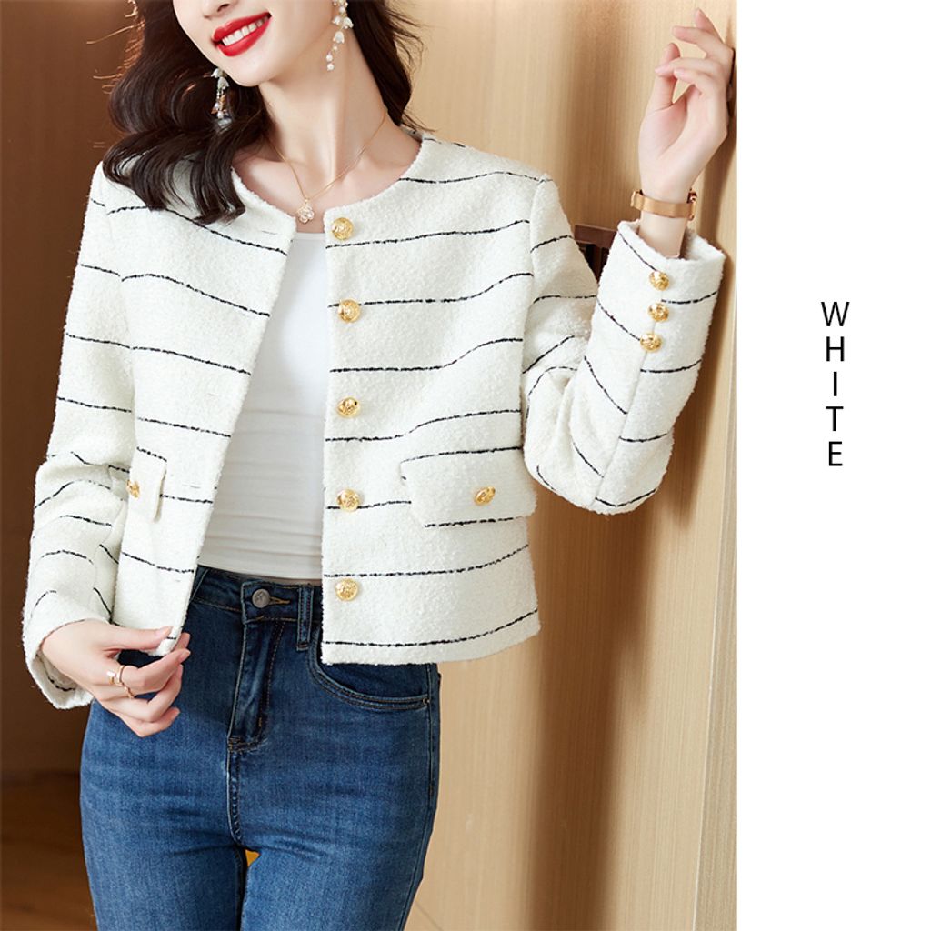 White Striped Tweed Short Women's Coat