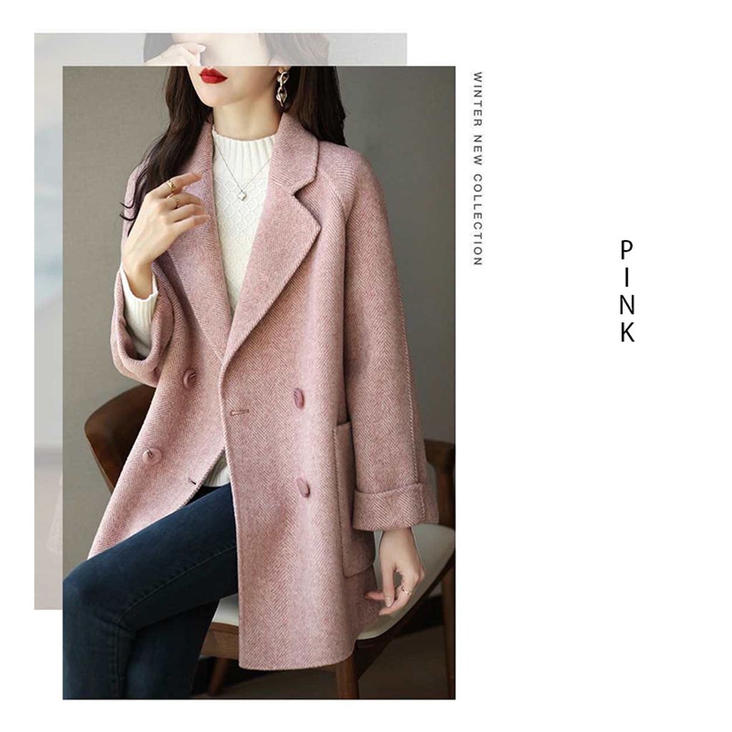 Suit Collar Woolen Women's Coat-Pink color womens jacket