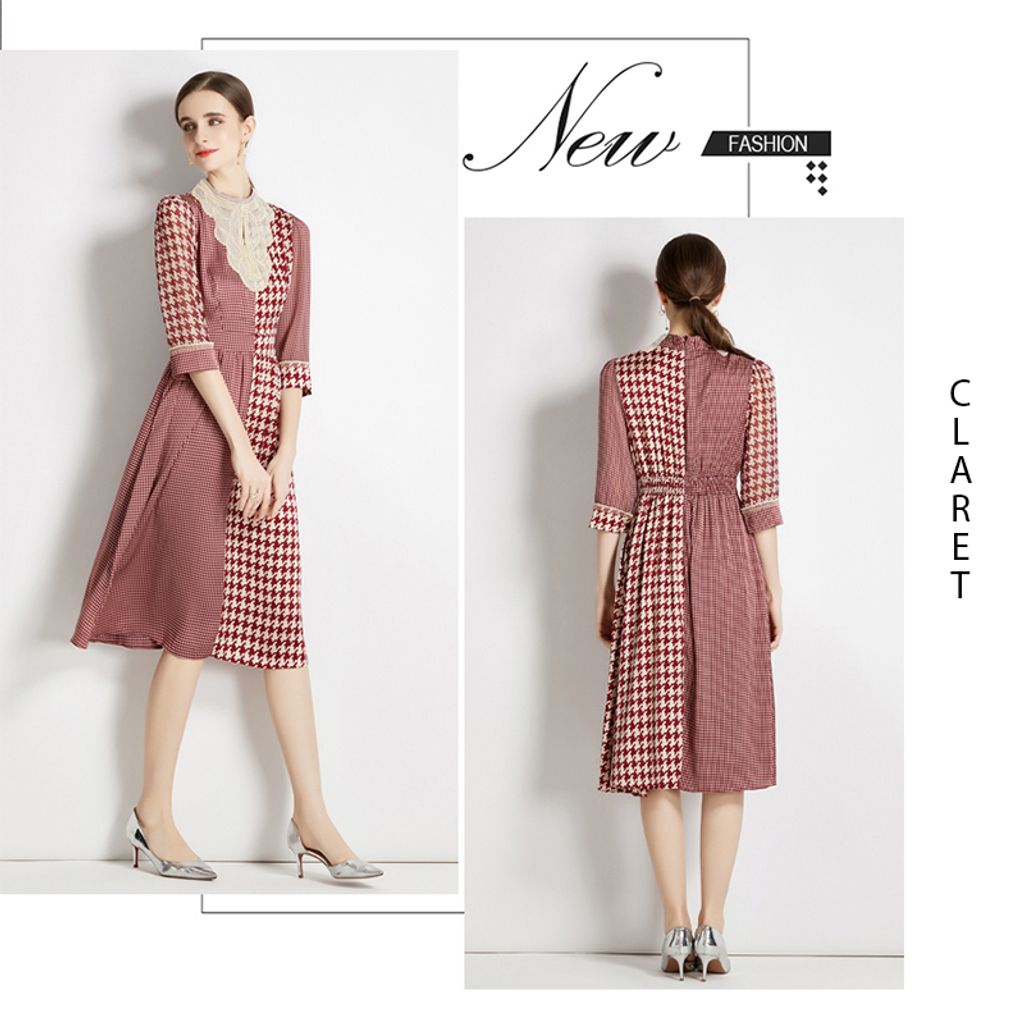 Claret Houndstooth Mid-length Dress