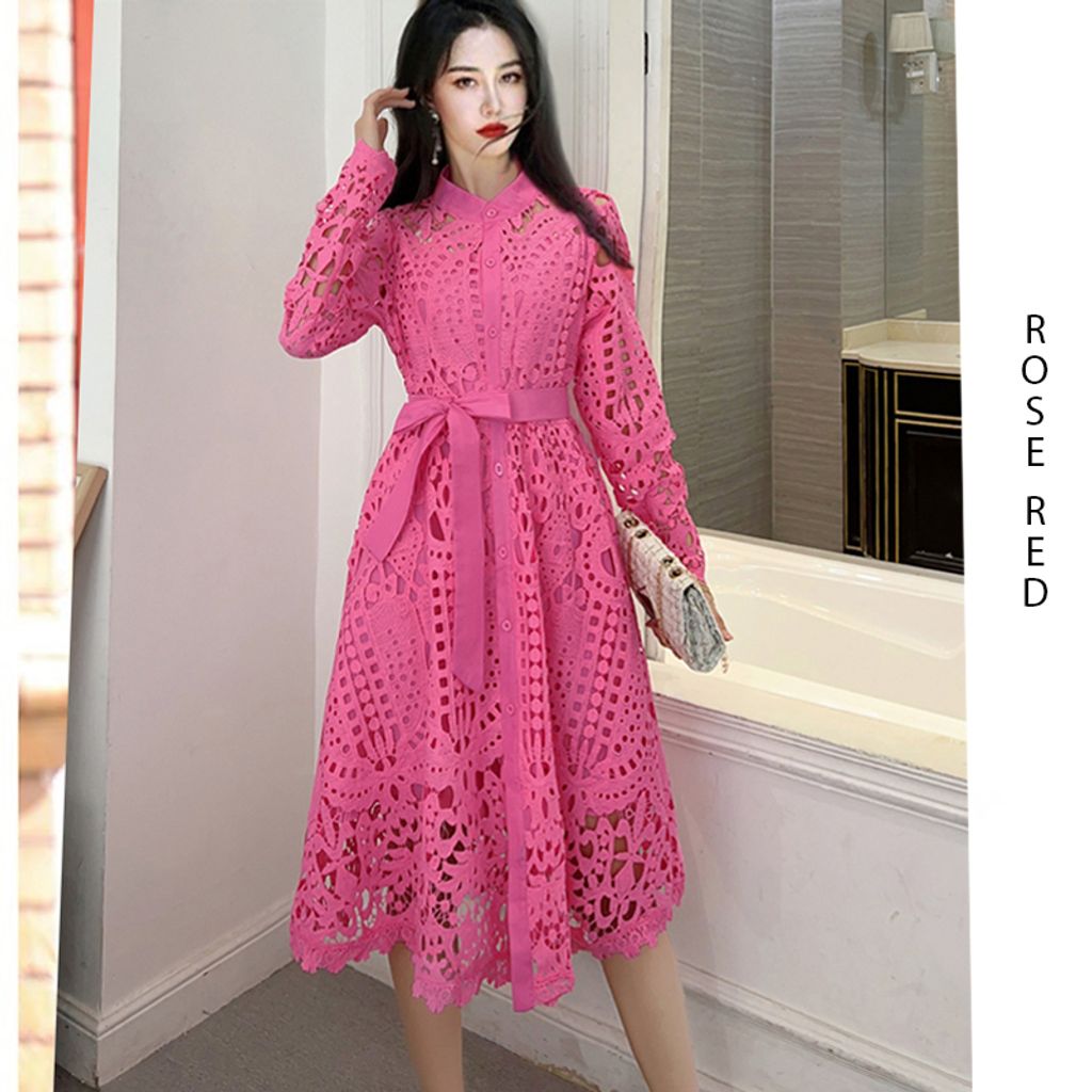 Retro Hollow Embroidery Dress Lace-Rose red color lace dress