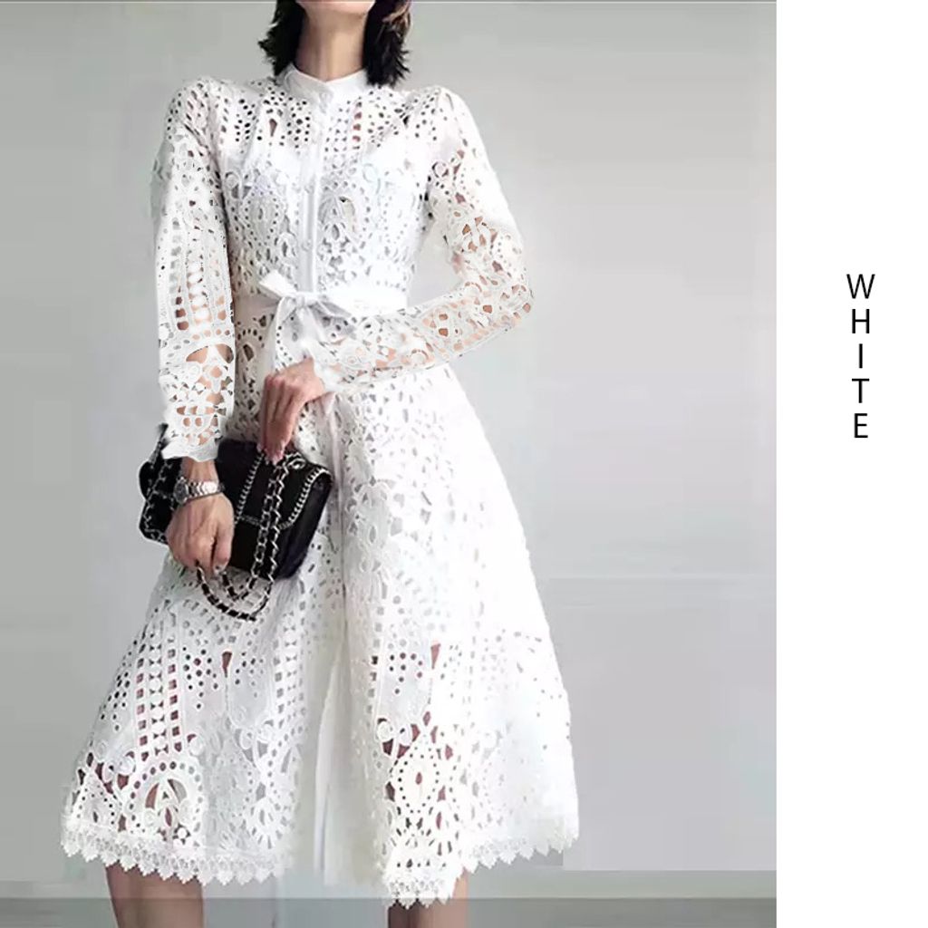 Retro Hollow Embroidery Dress Lace-White color lace dress