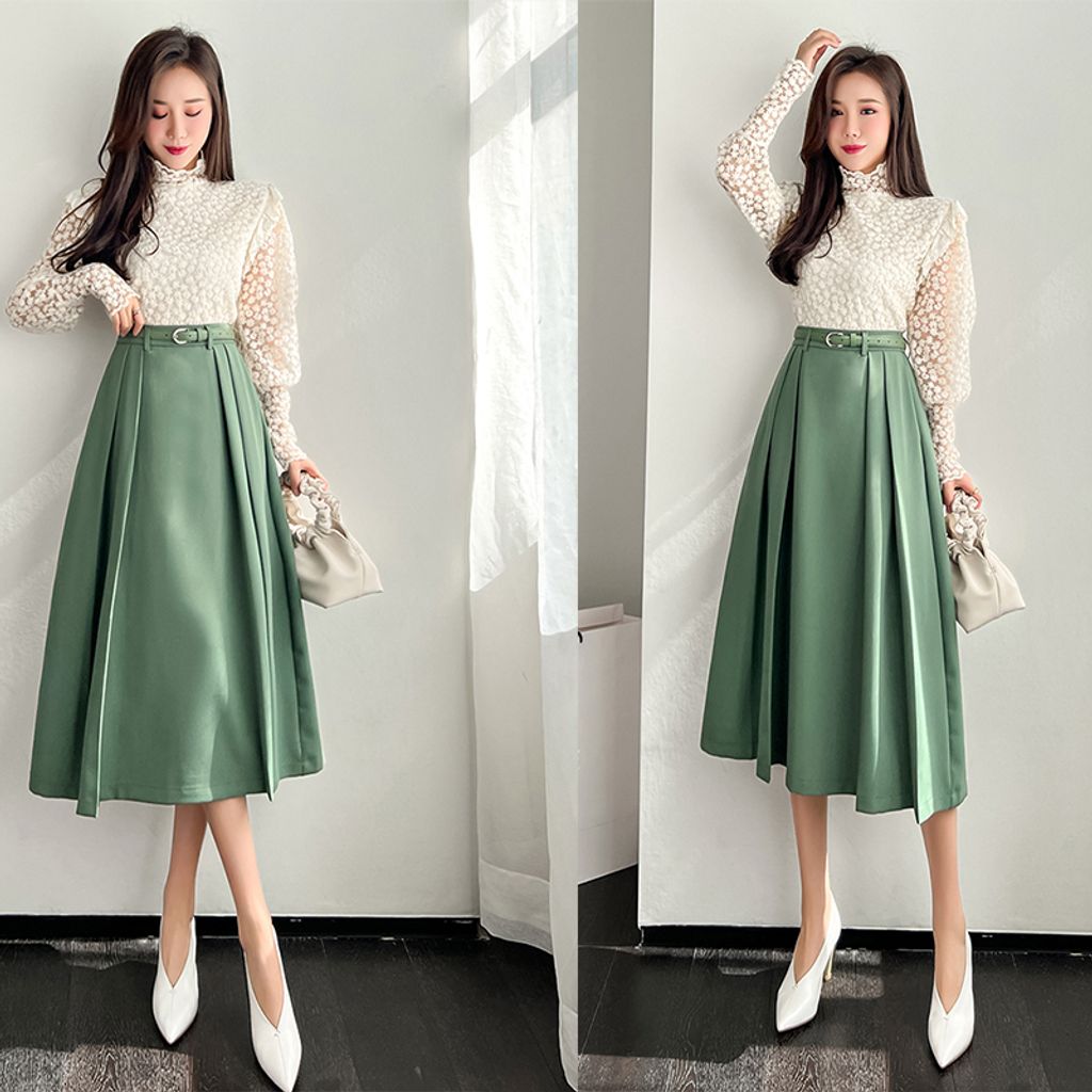 Green Mid-length High-waisted A-line Large Swing Skirt