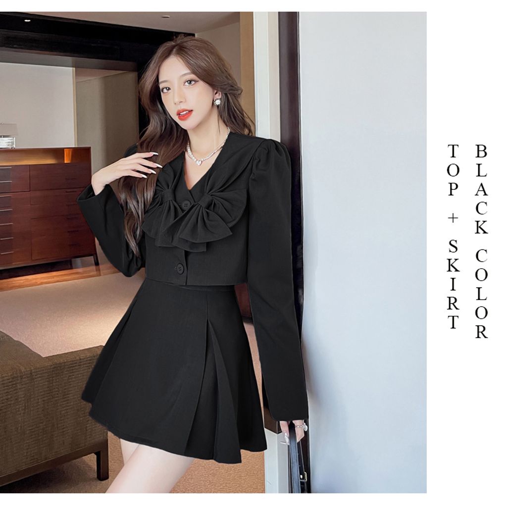 Puff Sleeve Jacket + High Waist Mini Skirt Set-Black color