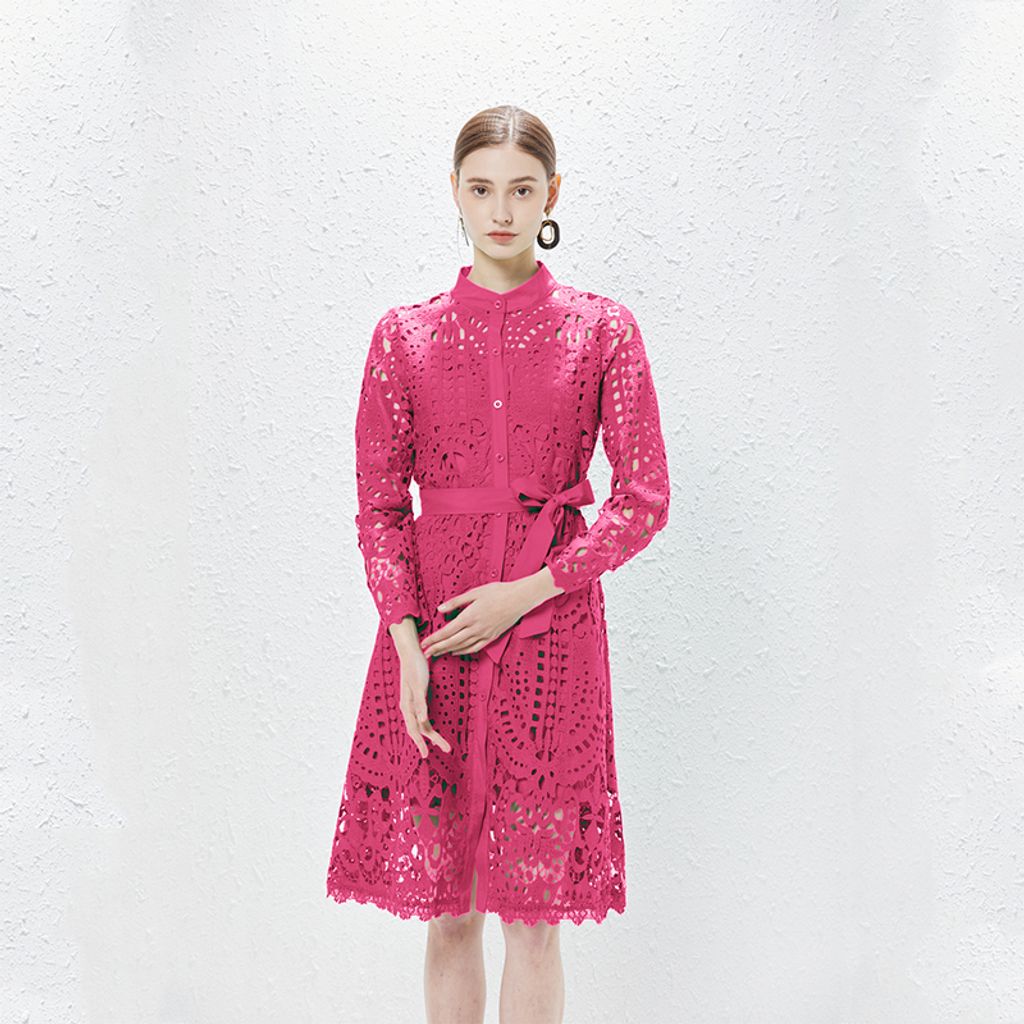 Lace Hollow Single-breasted Mid-length Dress-Rose red color lace dress