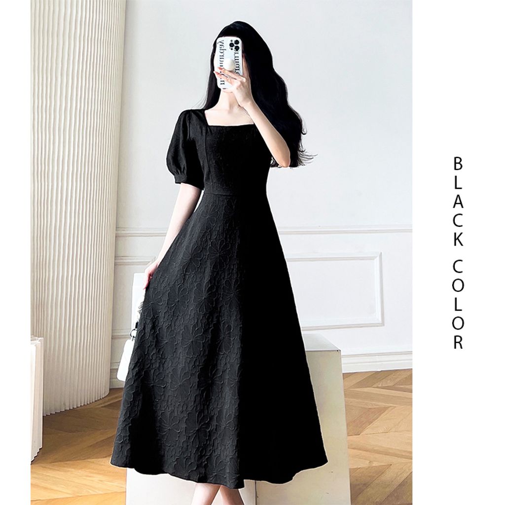 Square Neck Puff Sleeve Retro Midi Dress-Black color midi dress