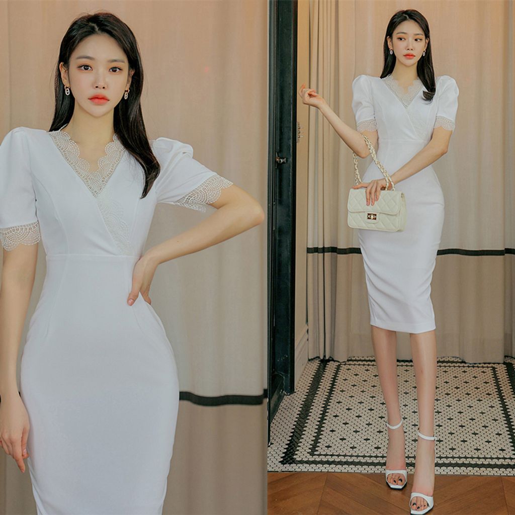 White V-neck Mid-length Slim Dress