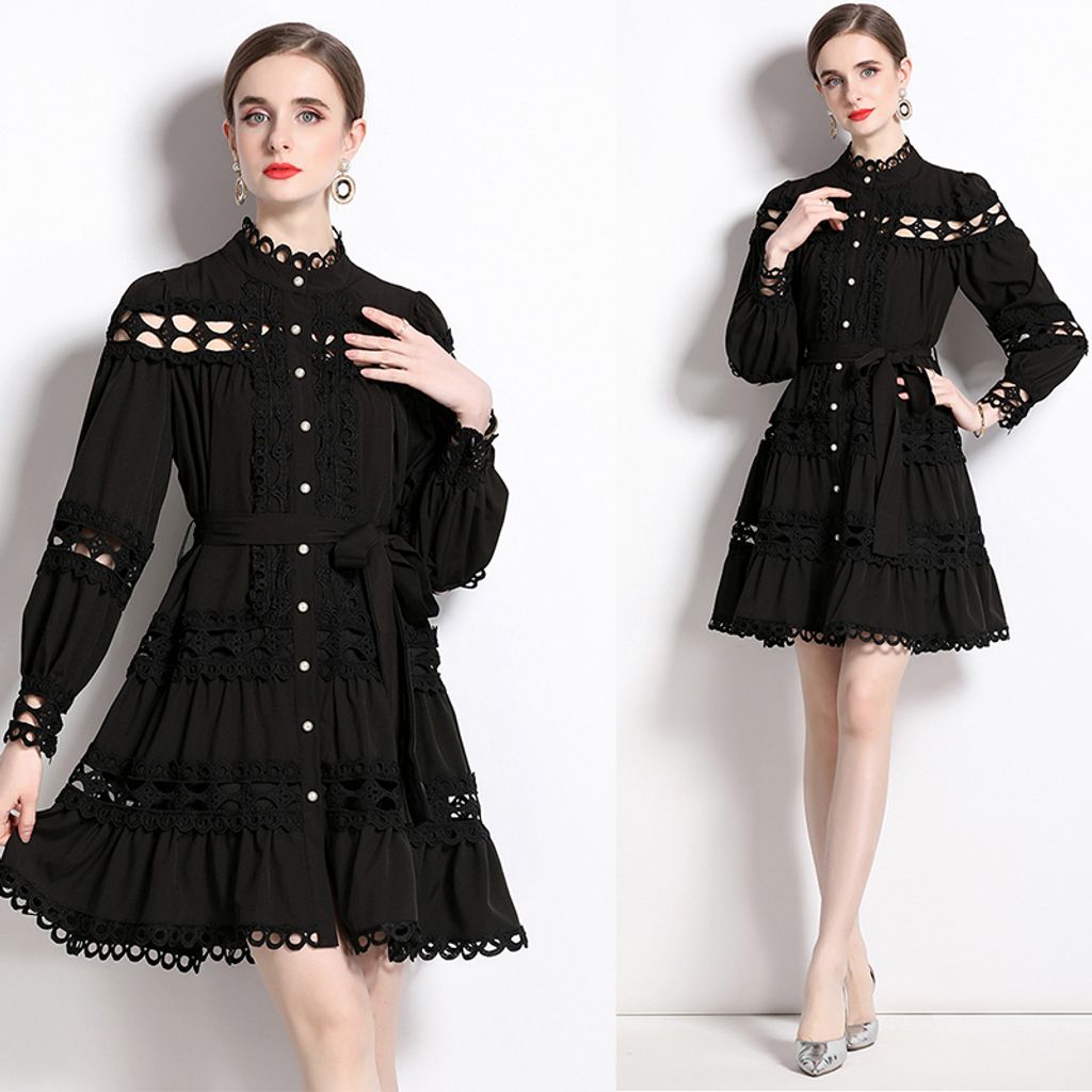 Black Hollow Single-breasted Mini Dress