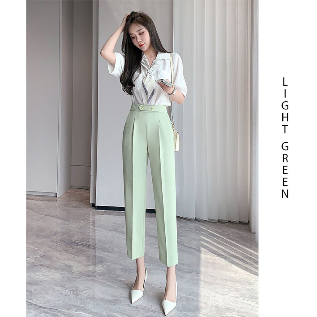 High Waist Straight Leg Nine-point Pants-Light green color womens pants